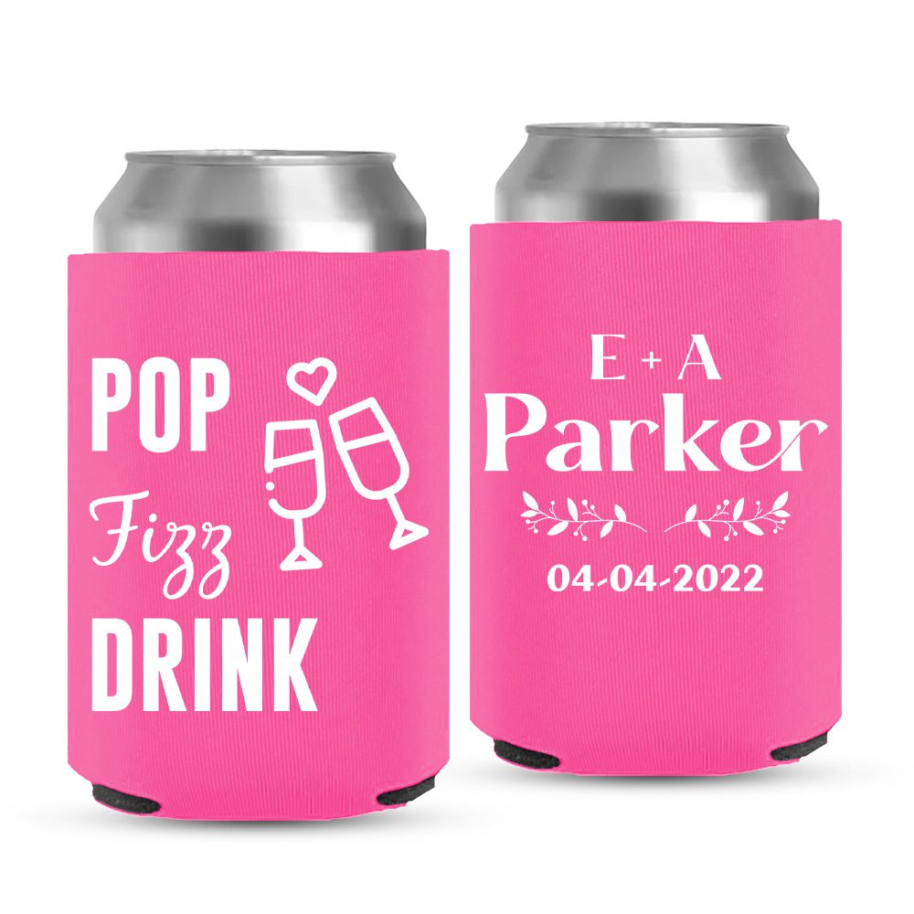 Custom Monogrammed Koozies with Wedding Date Wedding Koozies-09-pink