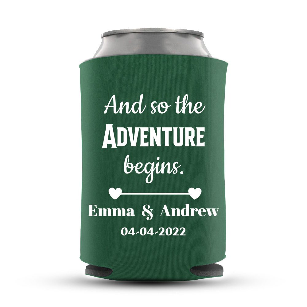 Adventure Begins Koozie | Funny Koozie Design Wedding Koozies-02-green
