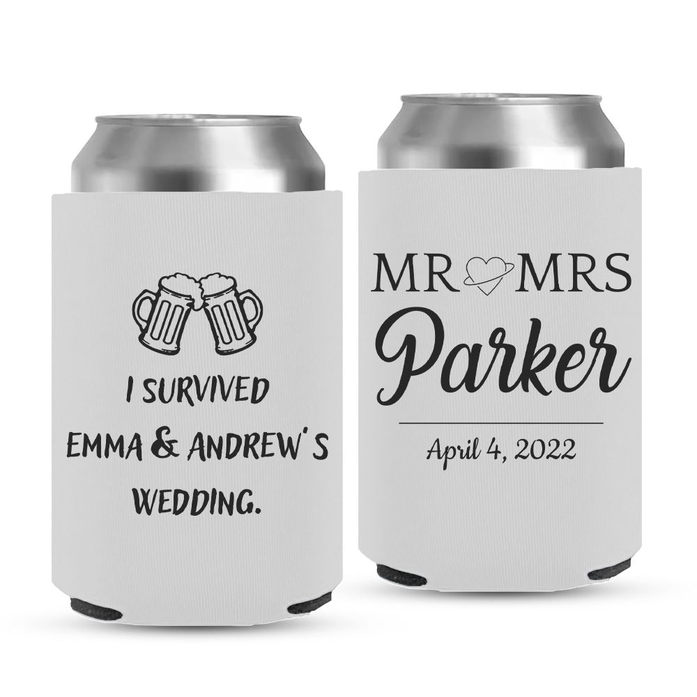 I Survived Wedding Koozie | Mr & Mrs Design Wedding Koozies-07-white