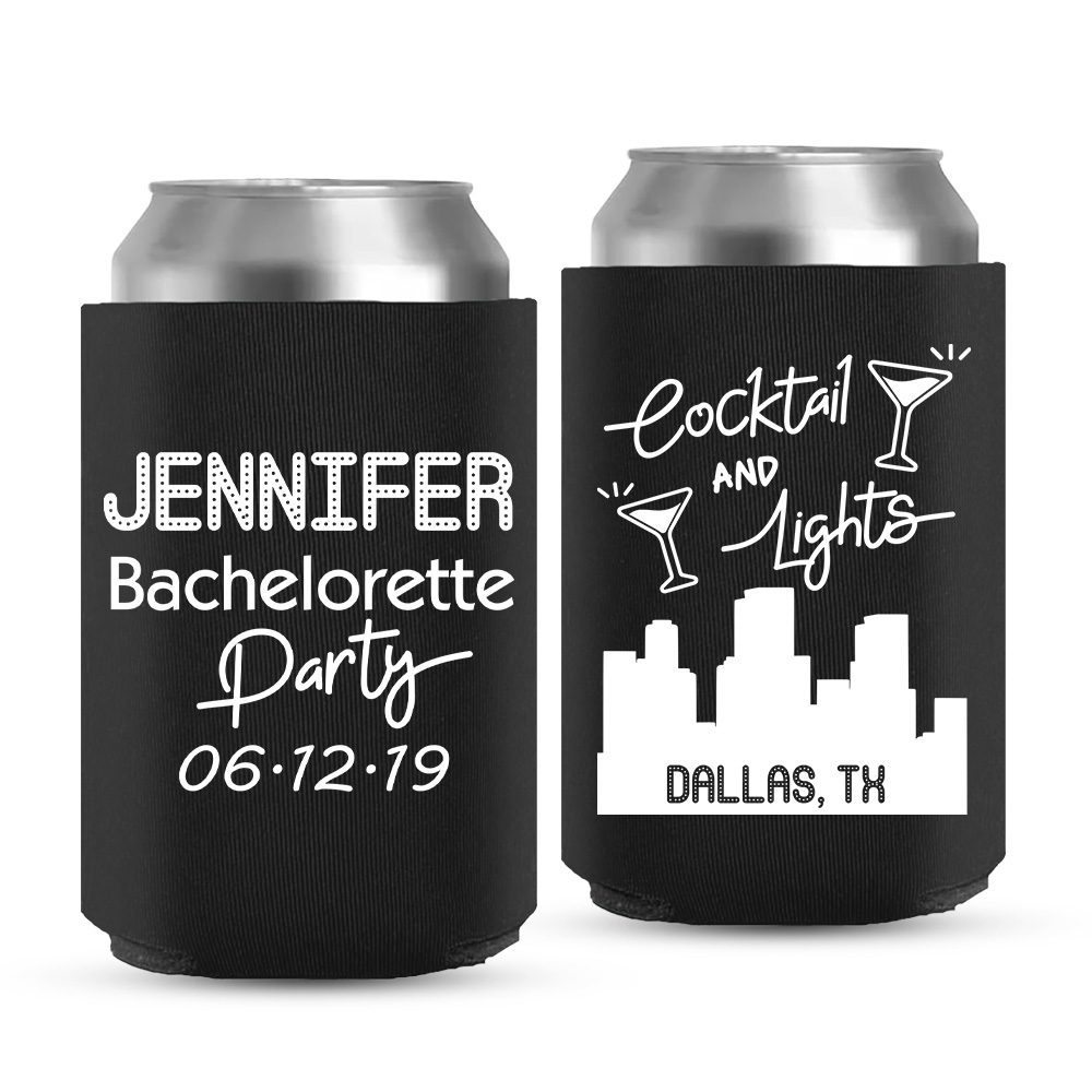 Custom Name, Date & Location | Bachelorette Can Coolers Bachelor Party Koozies-11-black