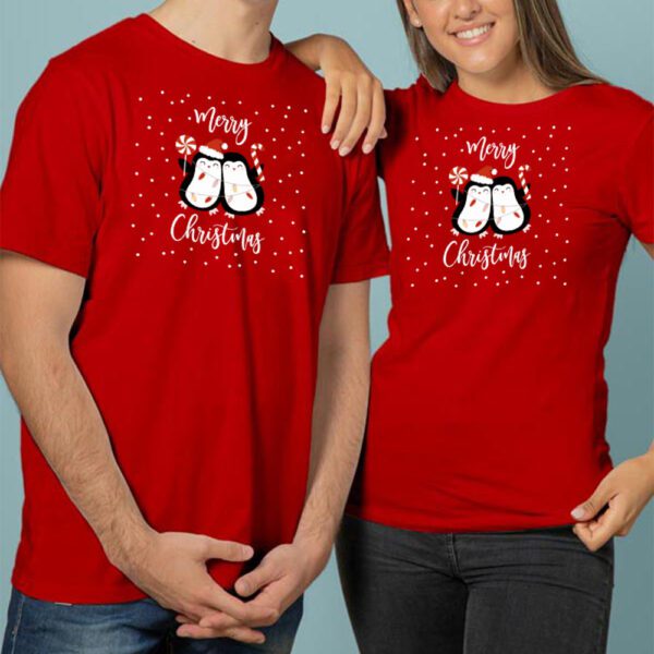 34. Red Cute Unisex Custom Christmas T-shirts For Couple