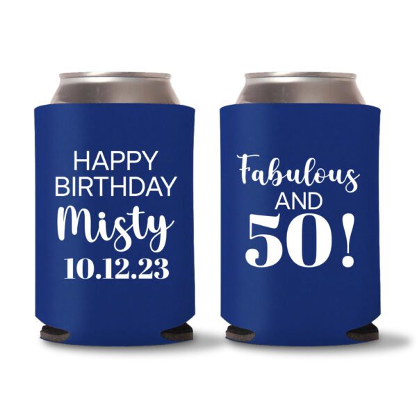 50th birthday koozie D21- Blue